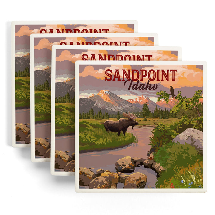 Sandpoint, Idaho, Painterly, Moose and Mountain at Sunset, Coasters Coasters Lantern Press
