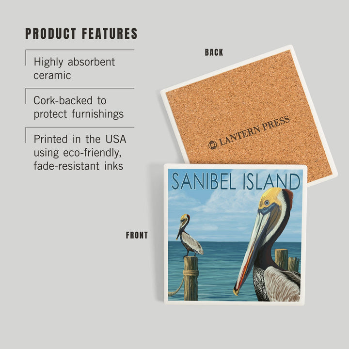 Sanibel Island, Florida, Pelican, Coasters Coasters Lantern Press