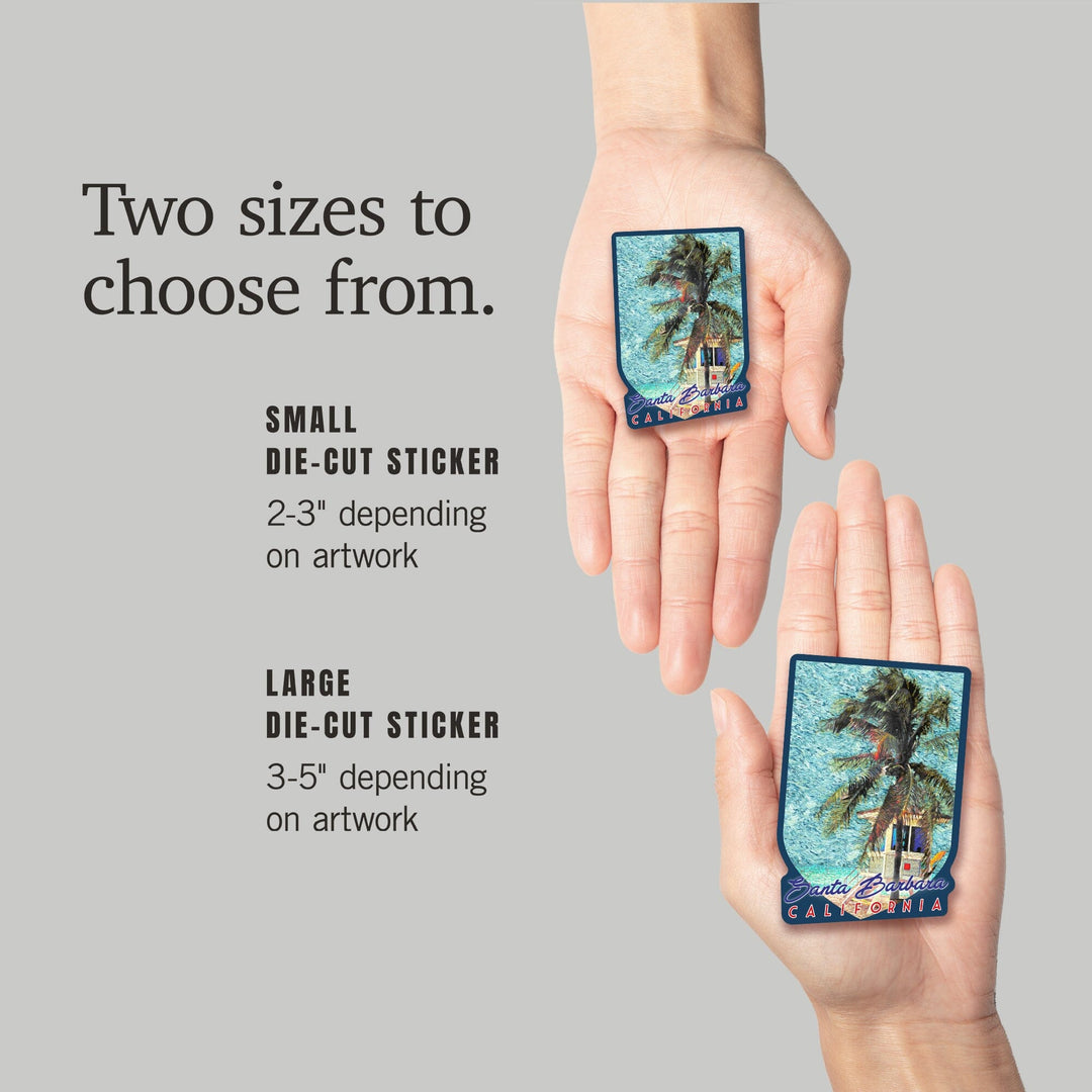 Santa Barbara, California, Beach and Lifeguard Shack, Van Gogh Style, Contour, Vinyl Sticker Sticker Lantern Press