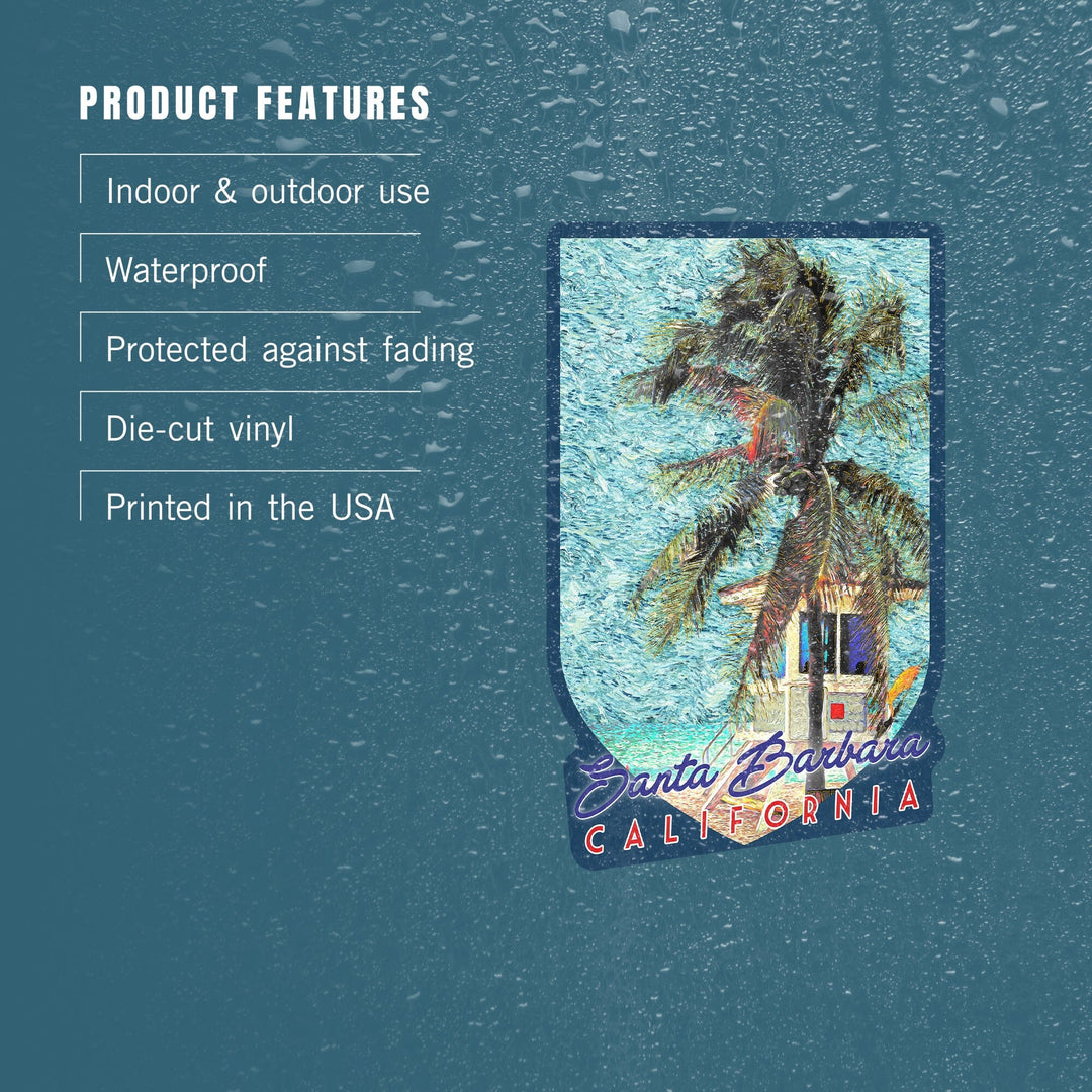 Santa Barbara, California, Beach and Lifeguard Shack, Van Gogh Style, Contour, Vinyl Sticker Sticker Lantern Press