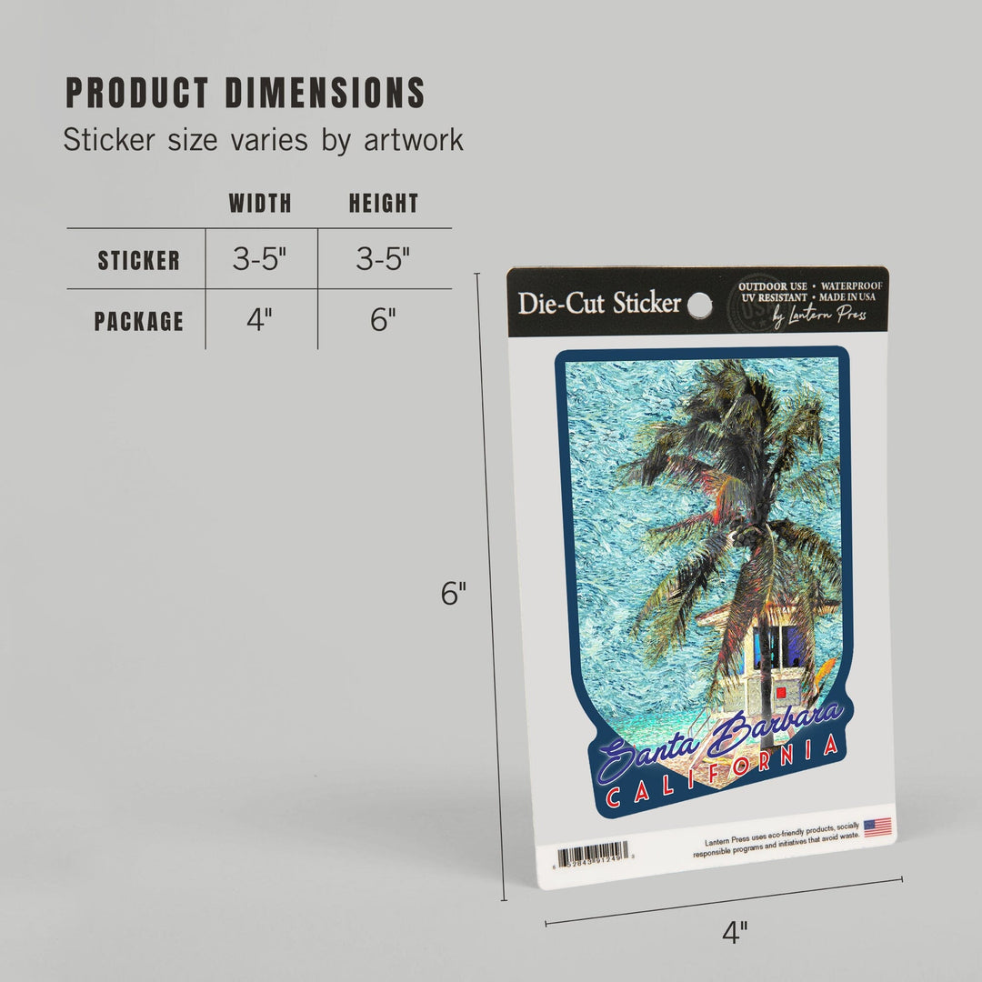 Santa Barbara, California, Beach and Lifeguard Shack, Van Gogh Style, Contour, Vinyl Sticker Sticker Lantern Press