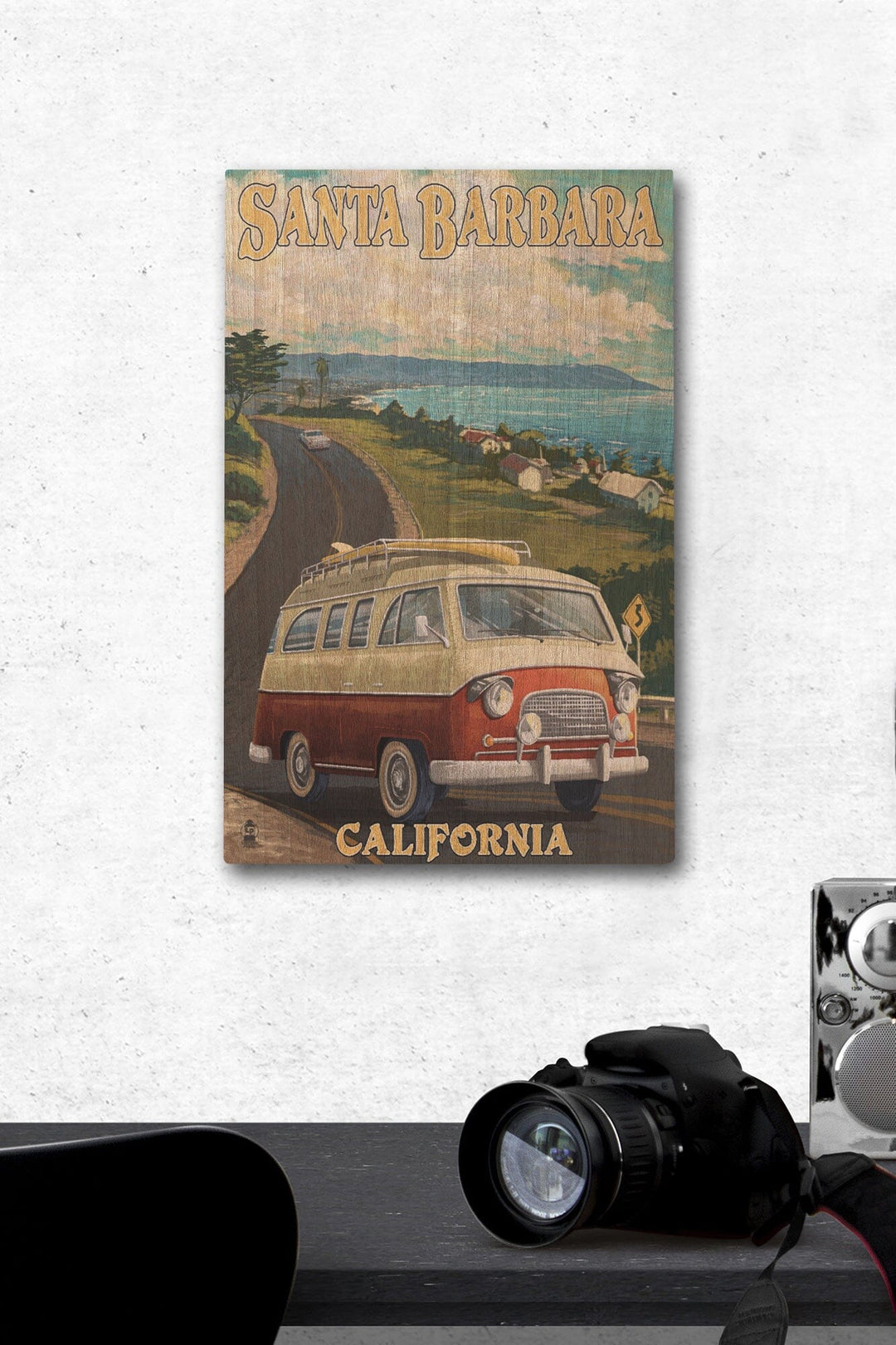 Santa Barbara, California, Camper Van, Lantern Press Artwork, Wood Signs and Postcards Wood Lantern Press 12 x 18 Wood Gallery Print