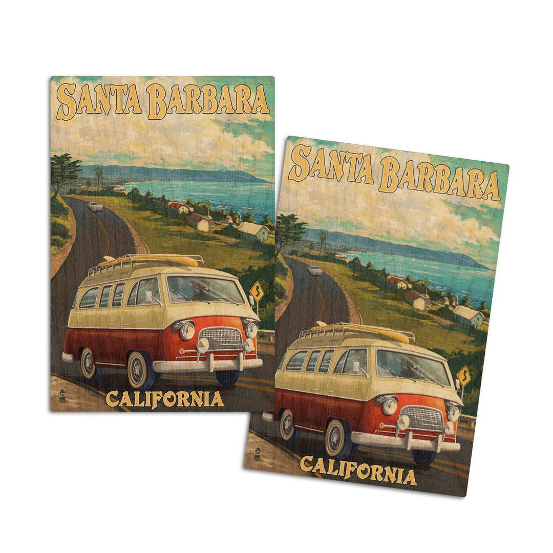 Santa Barbara, California, Camper Van, Lantern Press Artwork, Wood Signs and Postcards Wood Lantern Press 4x6 Wood Postcard Set