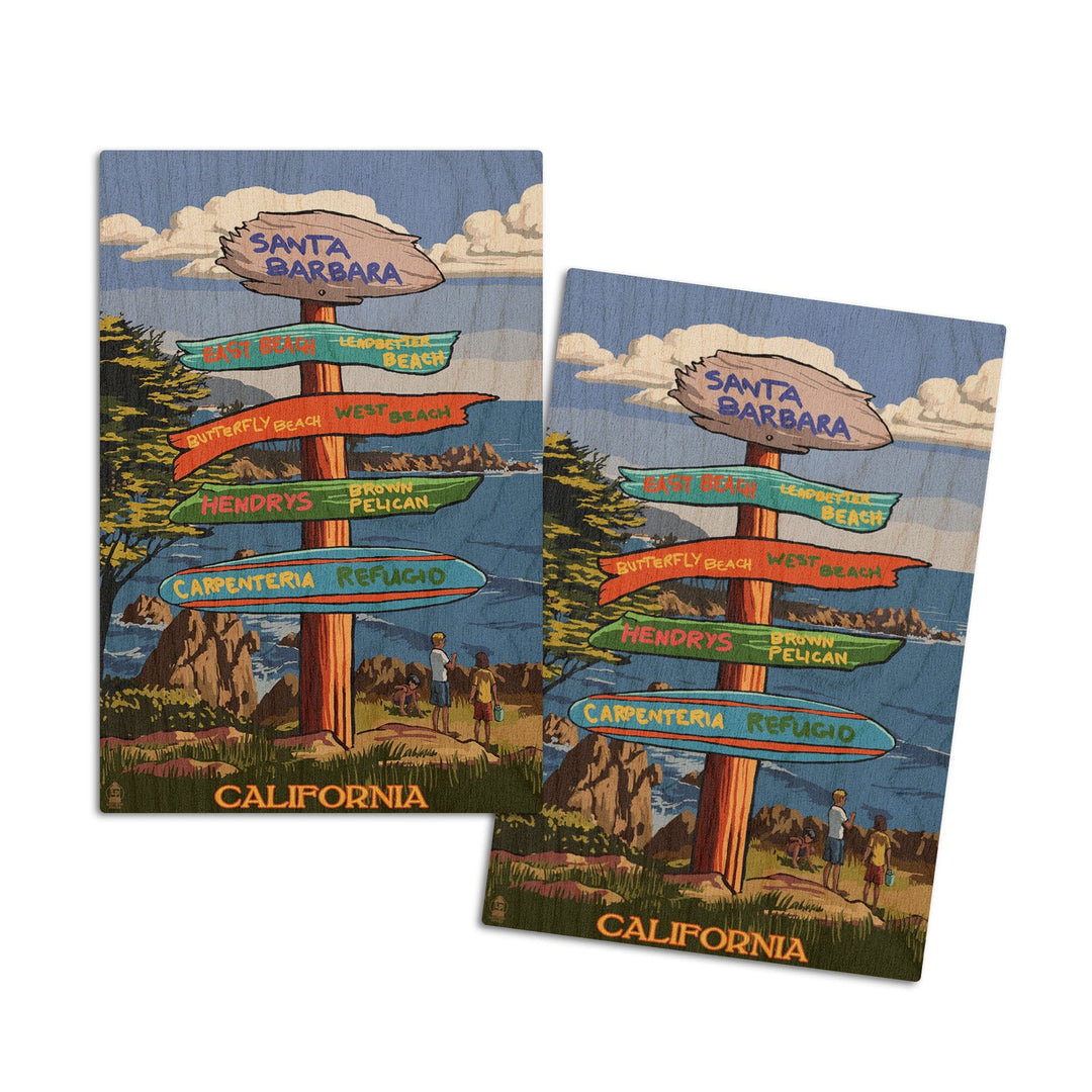 Santa Barbara, California, Destination Sign, Lantern Press Poster, Wood Signs and Postcards Wood Lantern Press 4x6 Wood Postcard Set