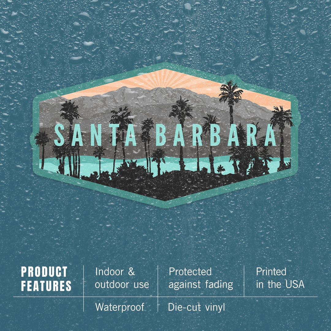 Santa Barbara, California, Palm Trees & Mountains, Contour, Lantern Press Artwork, Vinyl Sticker Sticker Lantern Press