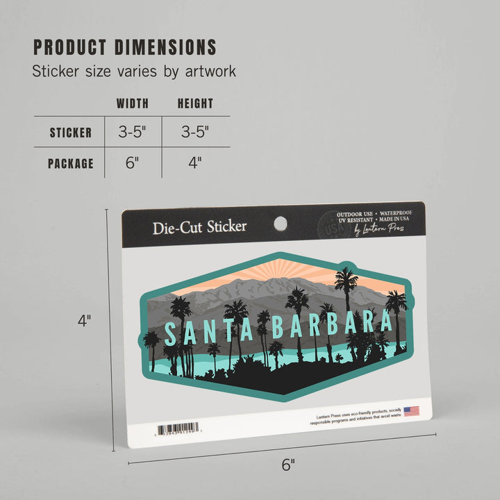 Santa Barbara, California, Palm Trees & Mountains, Contour, Lantern Press Artwork, Vinyl Sticker Sticker Lantern Press