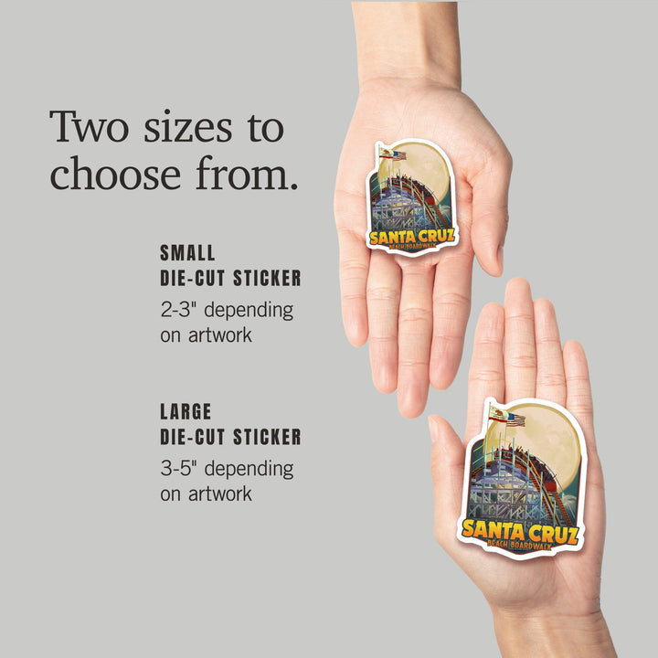 Santa Cruz, California, Big Dipper Coaster and Moon, Contour, Vinyl Sticker Sticker Lantern Press