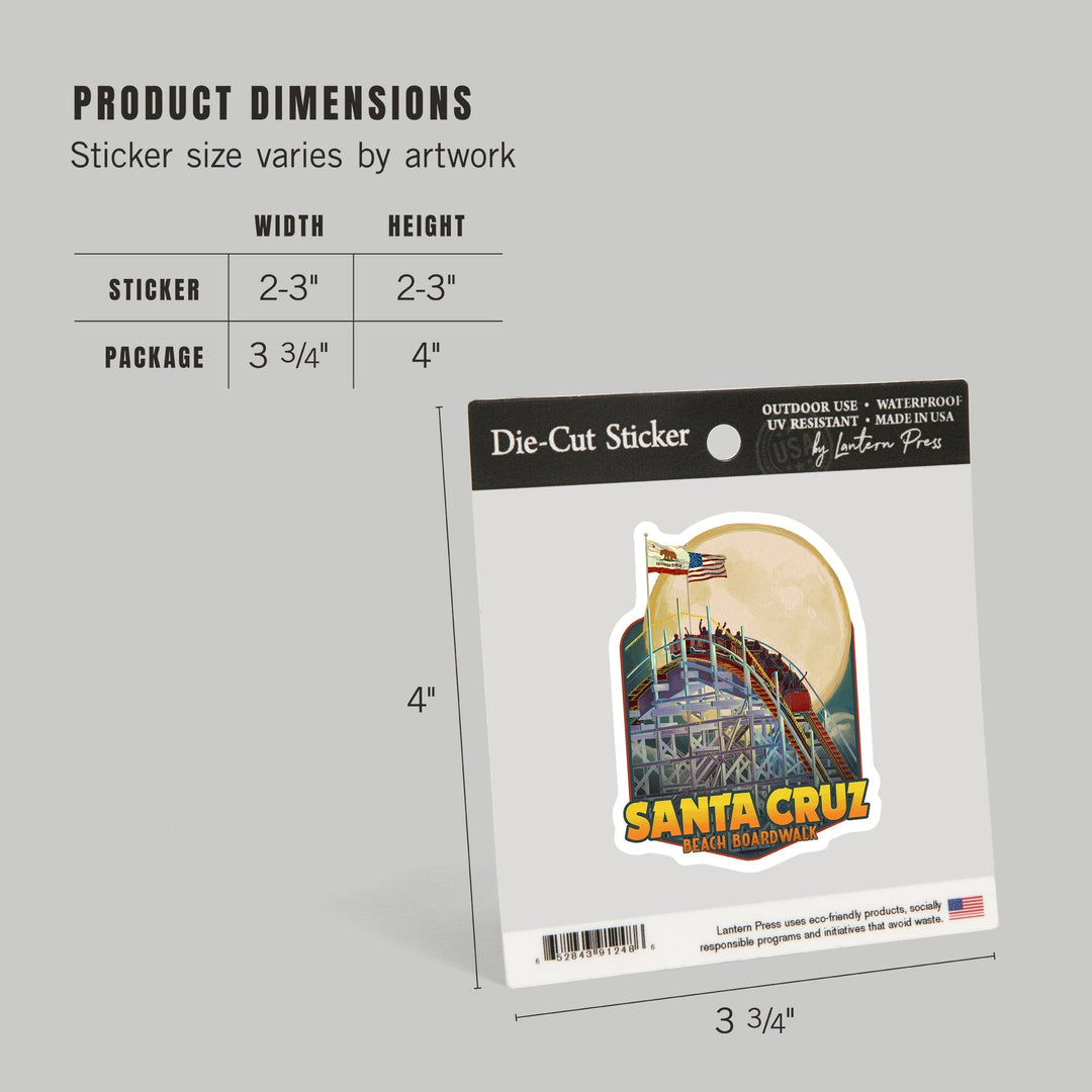 Santa Cruz, California, Big Dipper Coaster and Moon, Contour, Vinyl Sticker Sticker Lantern Press