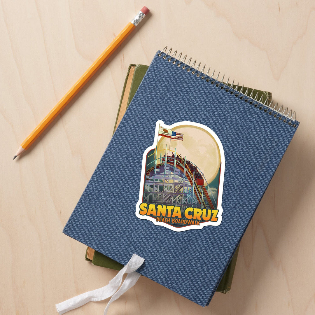 Santa Cruz, California, Big Dipper Coaster and Moon, Contour, Vinyl Sticker Sticker Lantern Press