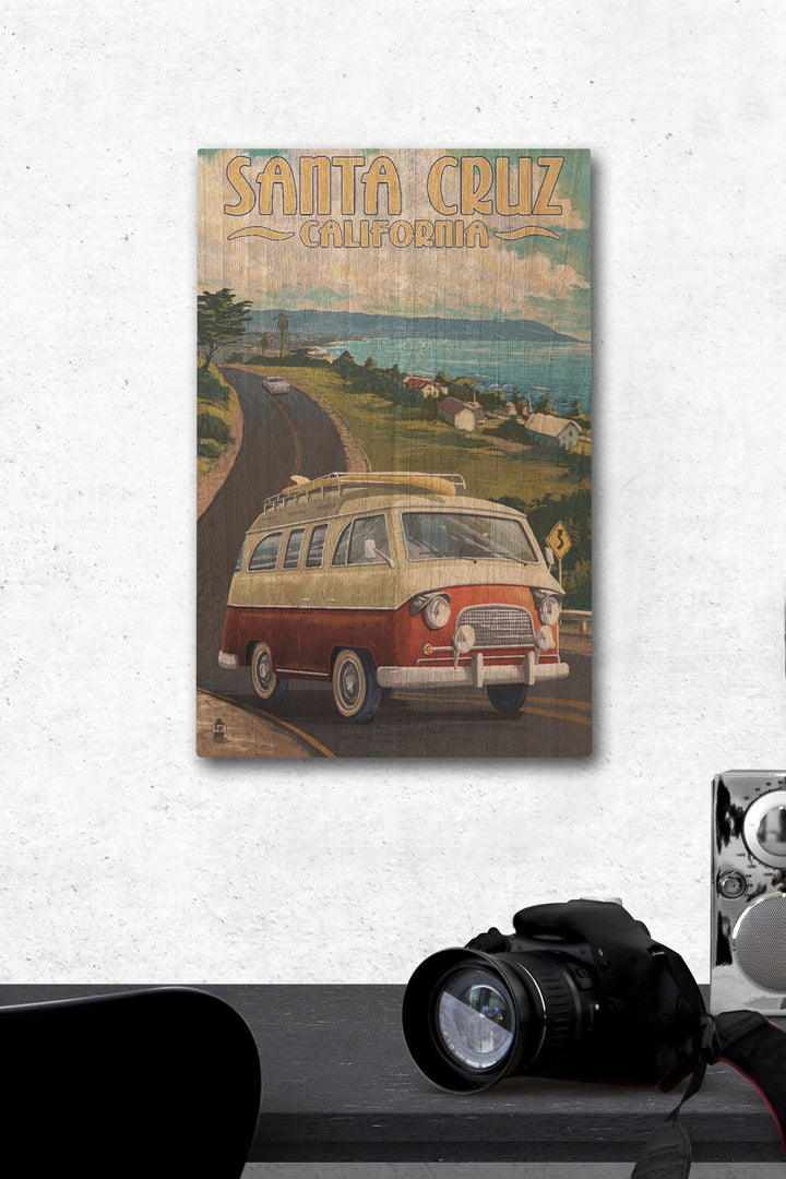 Santa Cruz, California, Camper Van, Lantern Press Artwork, Wood Signs and Postcards Wood Lantern Press 12 x 18 Wood Gallery Print