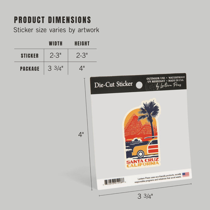 Santa Cruz, California, Giant Dipper, Contour, Lantern Press Artwork, Vinyl Sticker Sticker Lantern Press