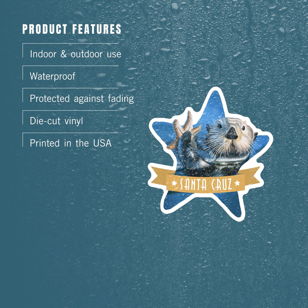 Santa Cruz, California, Otter with Starfish, Contour, Lantern Press Artwork, Vinyl Sticker Sticker Lantern Press
