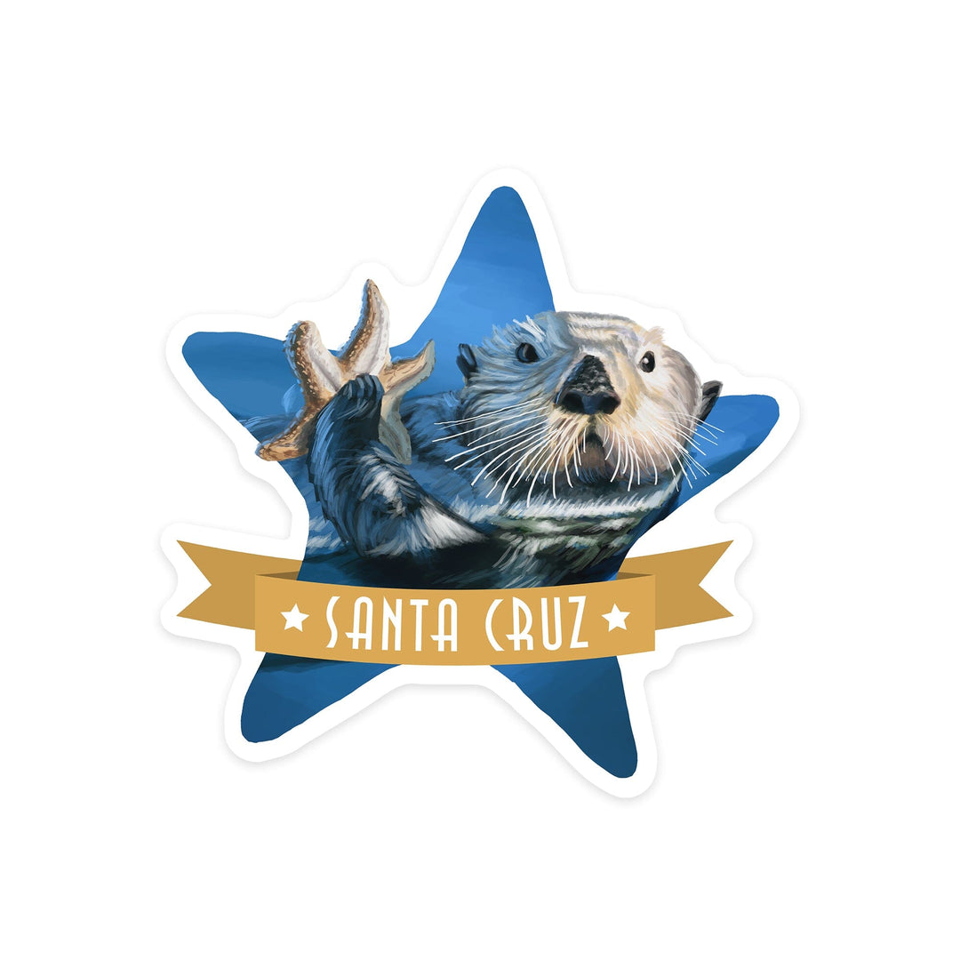 Santa Cruz, California, Otter with Starfish, Contour, Lantern Press Artwork, Vinyl Sticker Sticker Lantern Press