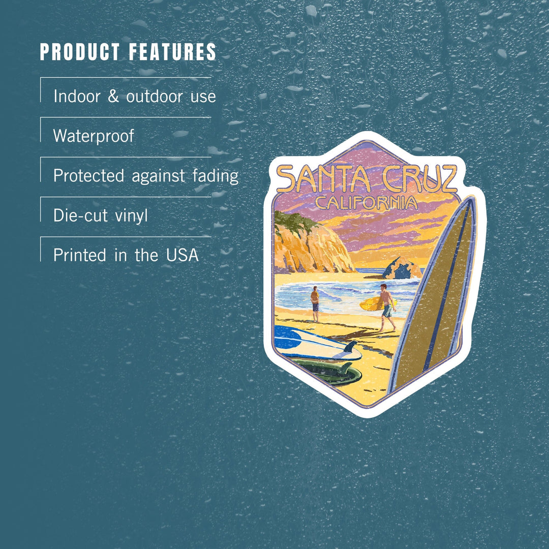 Santa Cruz, California, Surfers at Sunset, Contour, Vinyl Sticker Sticker Lantern Press