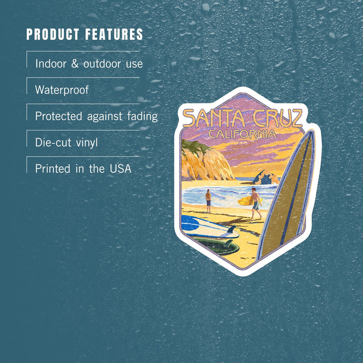 Santa Cruz, California, Surfers at Sunset, Contour, Vinyl Sticker Sticker Lantern Press