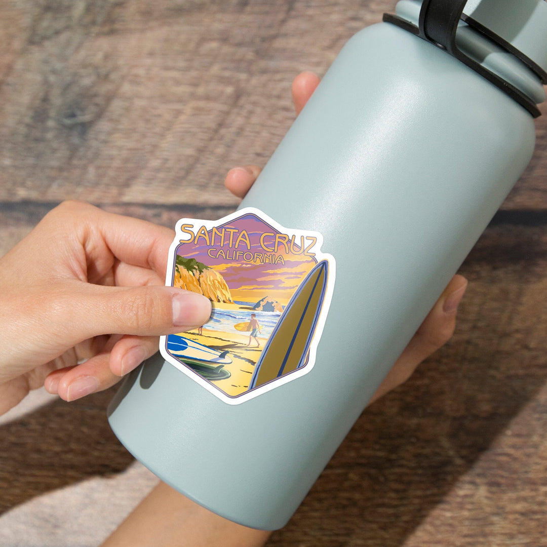 Santa Cruz, California, Surfers at Sunset, Contour, Vinyl Sticker Sticker Lantern Press