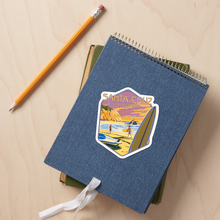 Santa Cruz, California, Surfers at Sunset, Contour, Vinyl Sticker Sticker Lantern Press
