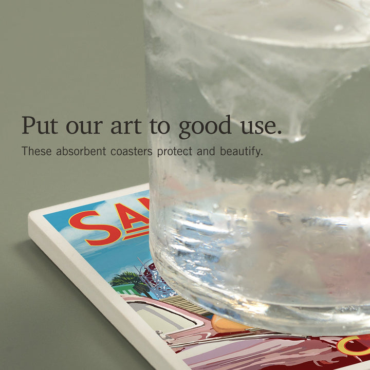 Santa Cruz, California, Woman Waving and Rides, Coasters Coasters Lantern Press