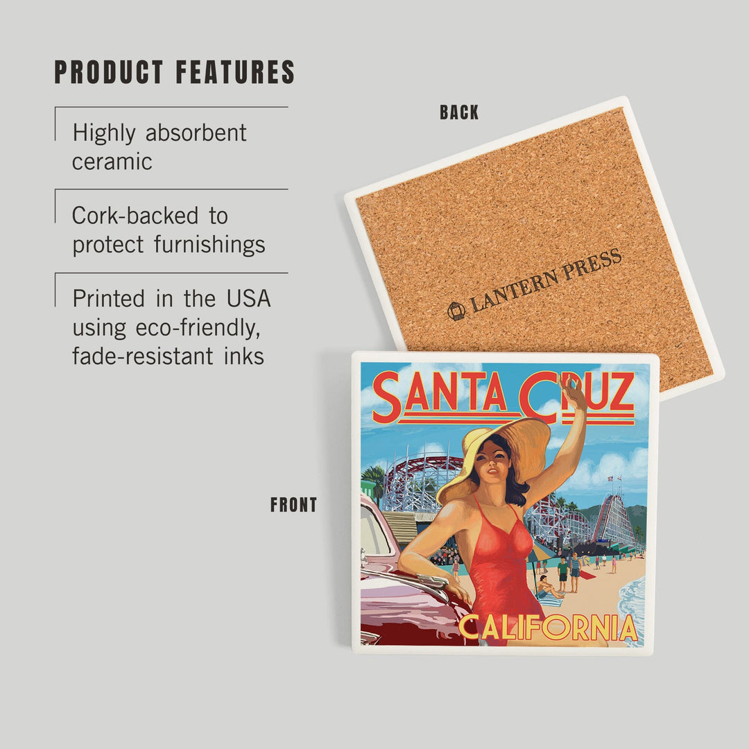 Santa Cruz, California, Woman Waving and Rides, Coasters Coasters Lantern Press