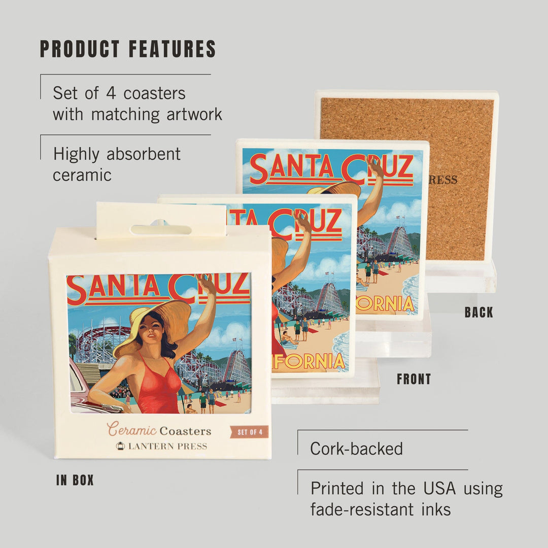 Santa Cruz, California, Woman Waving and Rides, Coasters Coasters Lantern Press