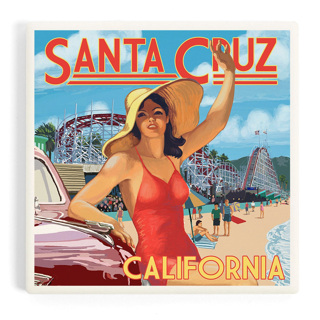 Santa Cruz, California, Woman Waving and Rides, Coasters Coasters Lantern Press Coaster