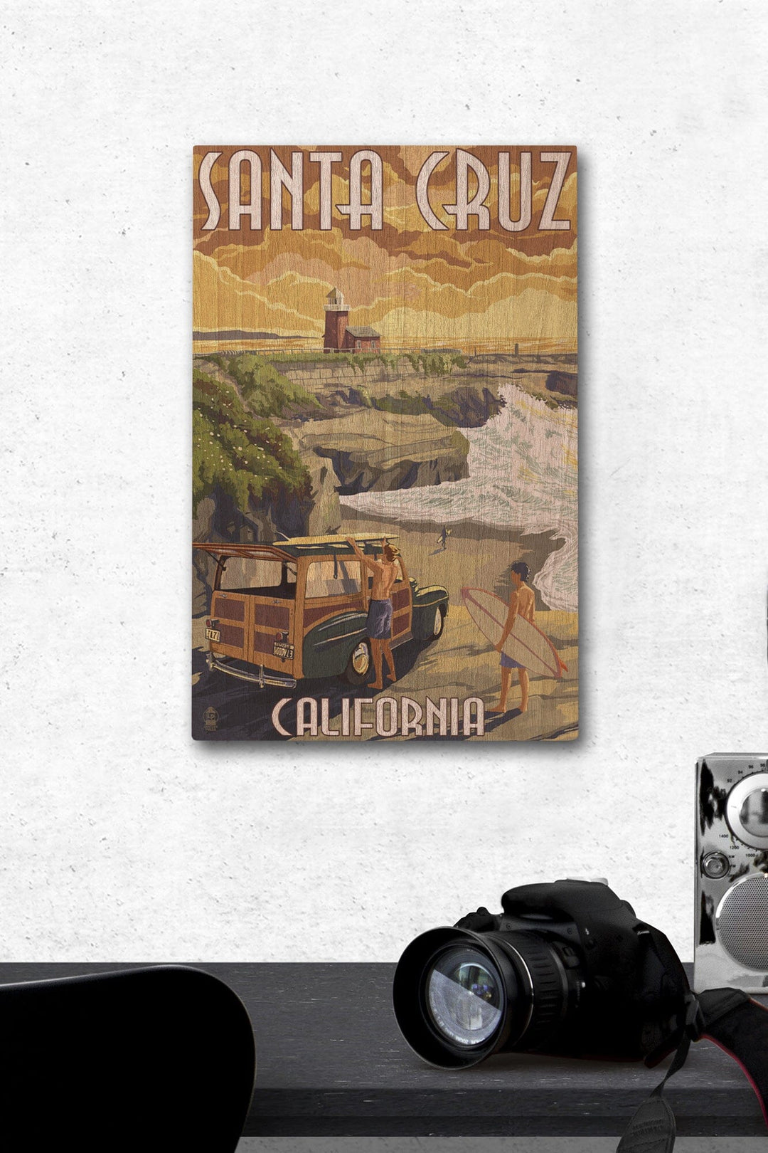 Santa Cruz, California, Woody and Lighthouse, Lantern Press Artwork, Wood Signs and Postcards Wood Lantern Press 12 x 18 Wood Gallery Print