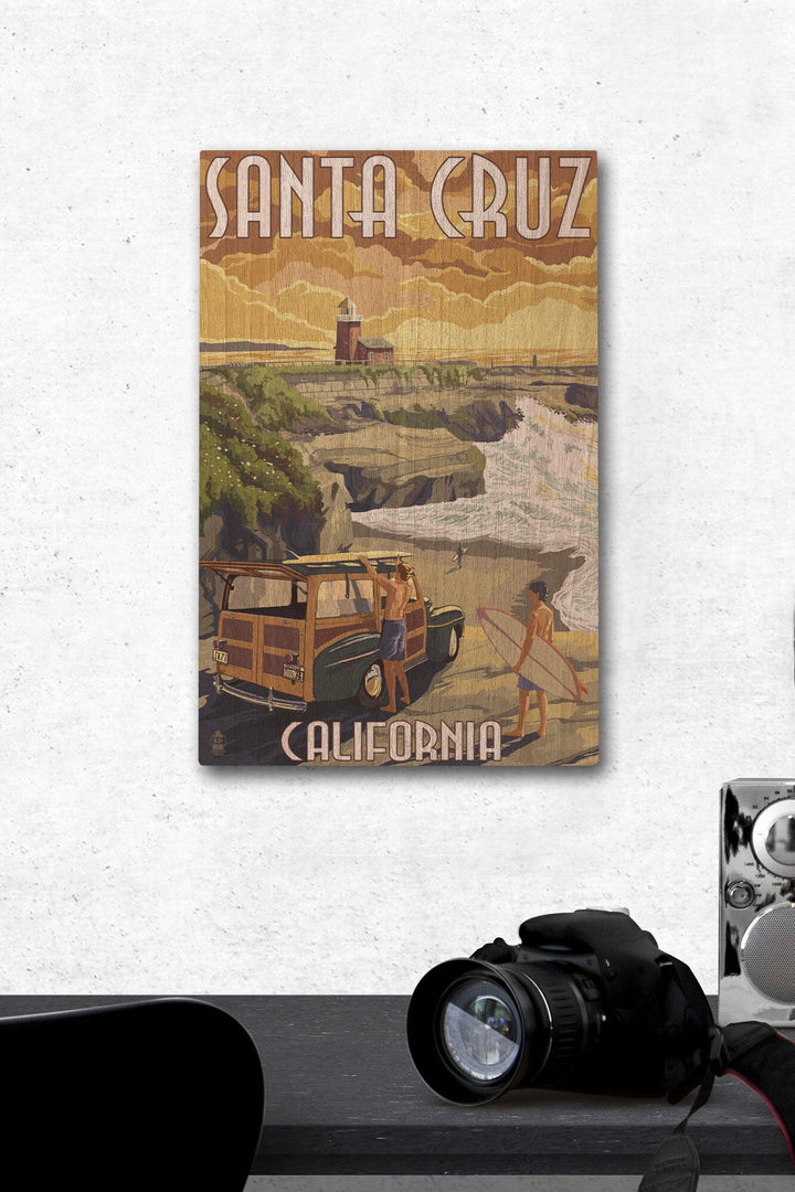 Santa Cruz, California, Woody and Lighthouse, Lantern Press Artwork, Wood Signs and Postcards Wood Lantern Press 12 x 18 Wood Gallery Print
