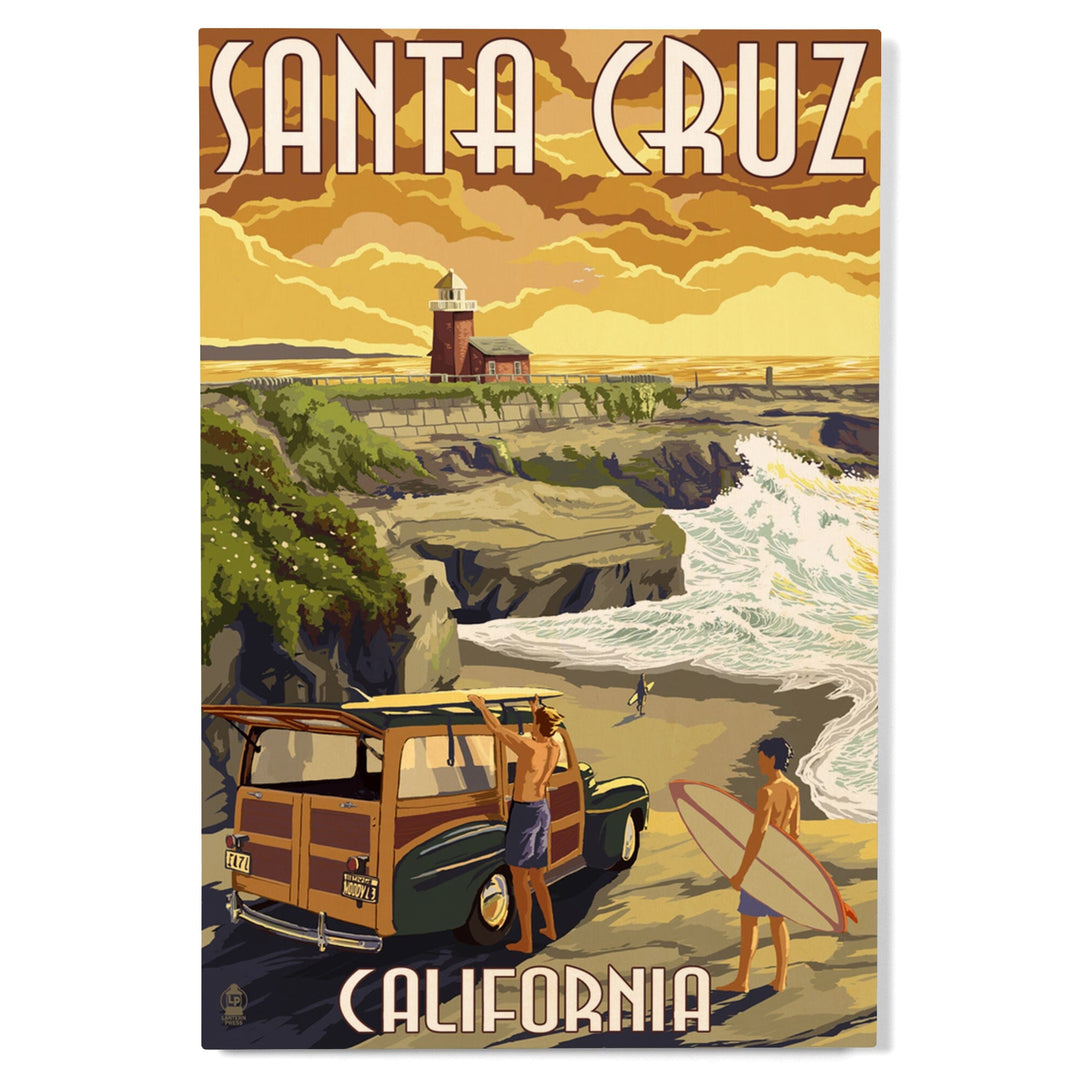 Santa Cruz, California, Woody and Lighthouse, Lantern Press Artwork, Wood Signs and Postcards Wood Lantern Press