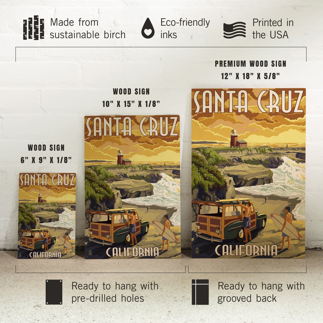 Santa Cruz, California, Woody and Lighthouse, Lantern Press Artwork, Wood Signs and Postcards Wood Lantern Press