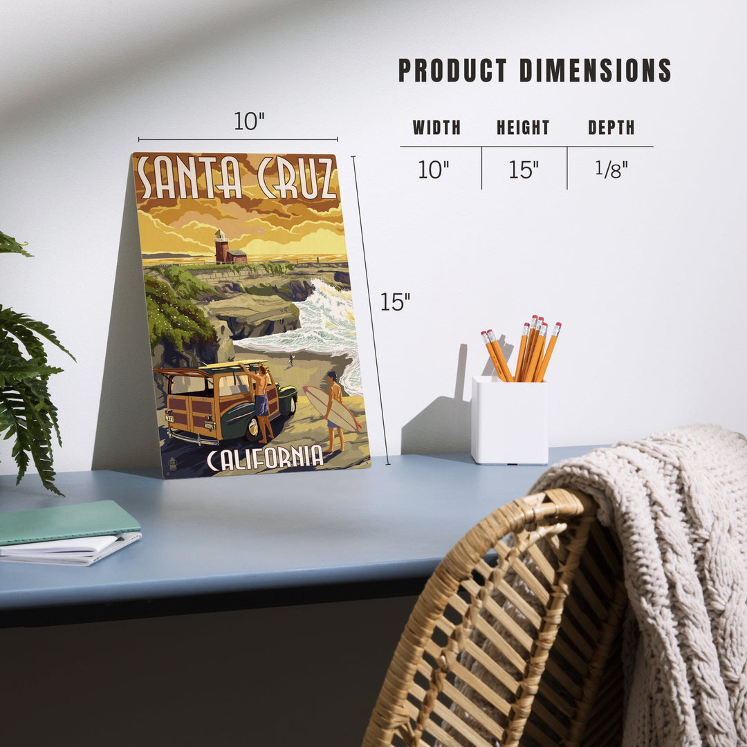 Santa Cruz, California, Woody and Lighthouse, Lantern Press Artwork, Wood Signs and Postcards Wood Lantern Press