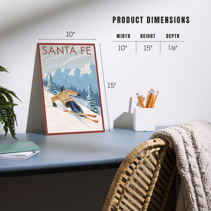 Santa Fe, New Mexico, Downhill Skier, Lantern Press Artwork, Wood Signs and Postcards Wood Lantern Press
