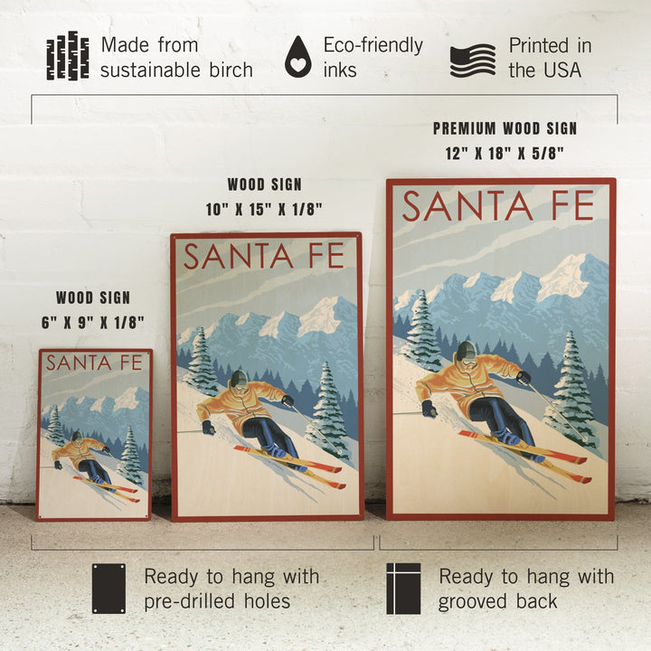 Santa Fe, New Mexico, Downhill Skier, Lantern Press Artwork, Wood Signs and Postcards Wood Lantern Press