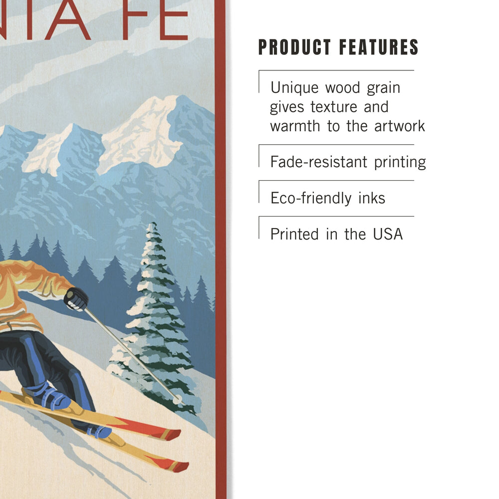 Santa Fe, New Mexico, Downhill Skier, Lantern Press Artwork, Wood Signs and Postcards Wood Lantern Press