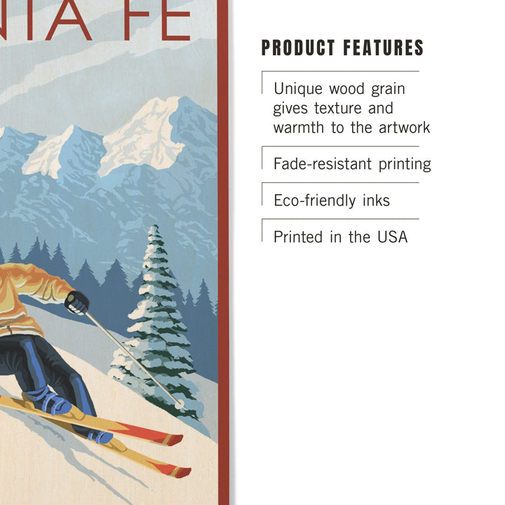 Santa Fe, New Mexico, Downhill Skier, Lantern Press Artwork, Wood Signs and Postcards Wood Lantern Press