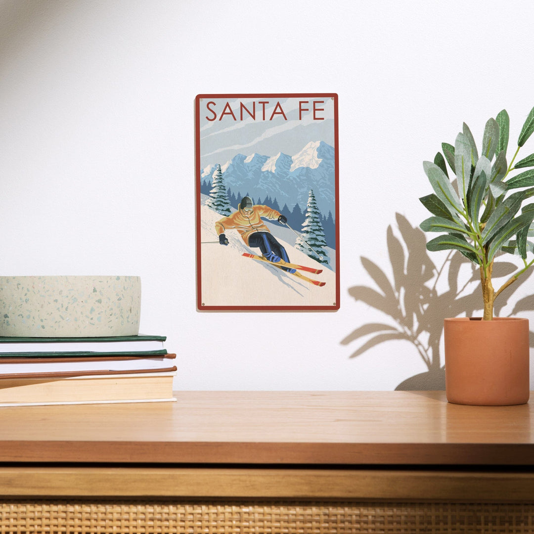 Santa Fe, New Mexico, Downhill Skier, Lantern Press Artwork, Wood Signs and Postcards Wood Lantern Press