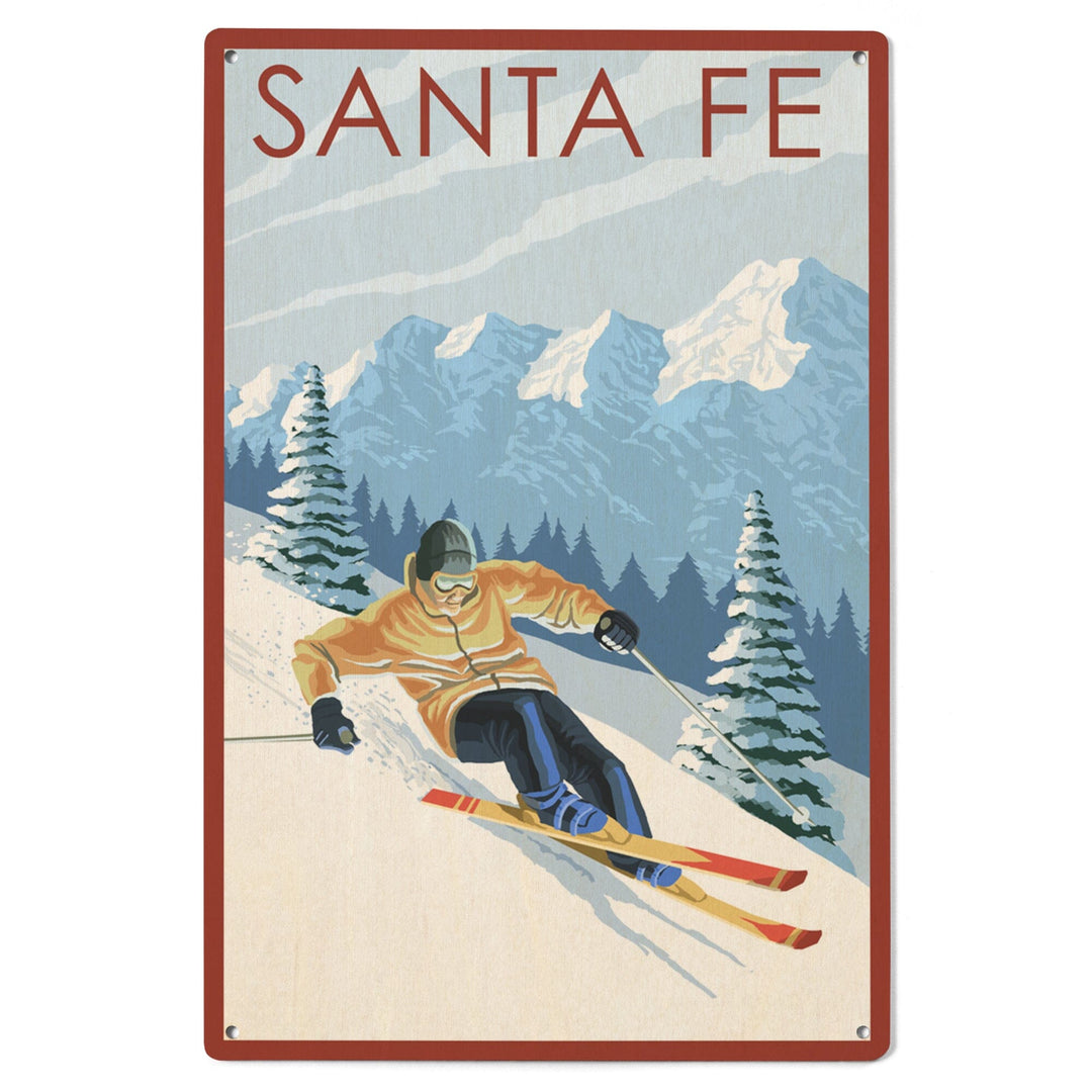 Santa Fe, New Mexico, Downhill Skier, Lantern Press Artwork, Wood Signs and Postcards Wood Lantern Press