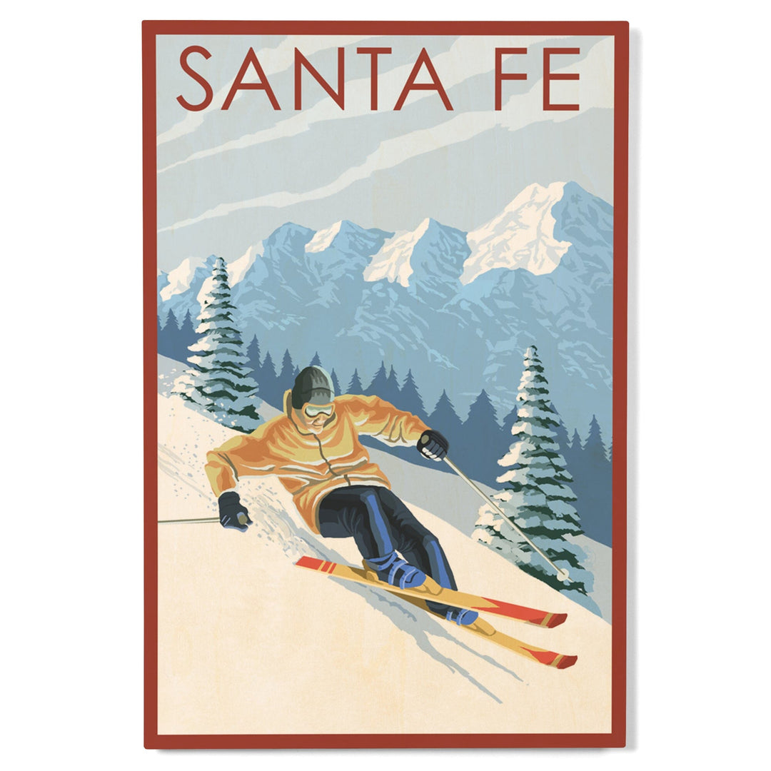 Santa Fe, New Mexico, Downhill Skier, Lantern Press Artwork, Wood Signs and Postcards Wood Lantern Press