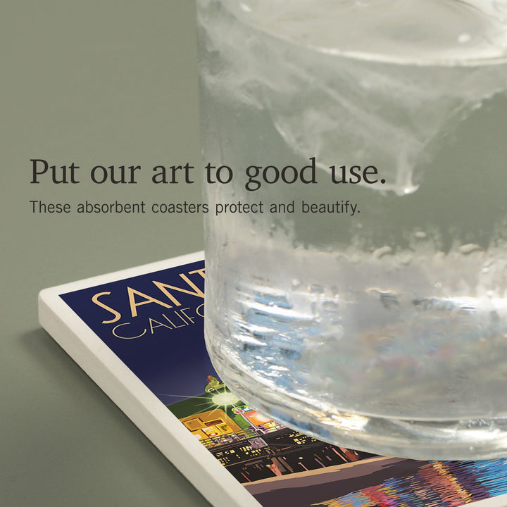 Santa Monica, California, Pier at Night, Coasters Coasters Lantern Press