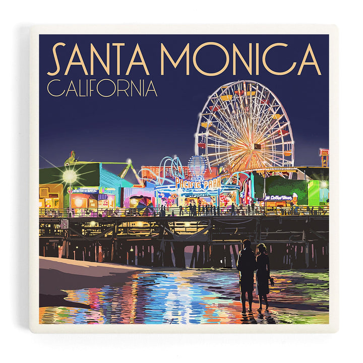 Santa Monica, California, Pier at Night, Coasters Coasters Lantern Press Coaster