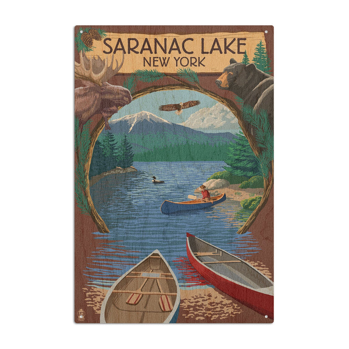 Saranac Lake, New York, Adirondacks Canoe Scene, Lantern Press Artwork, Wood Signs and Postcards Wood Lantern Press 10 x 15 Wood Sign