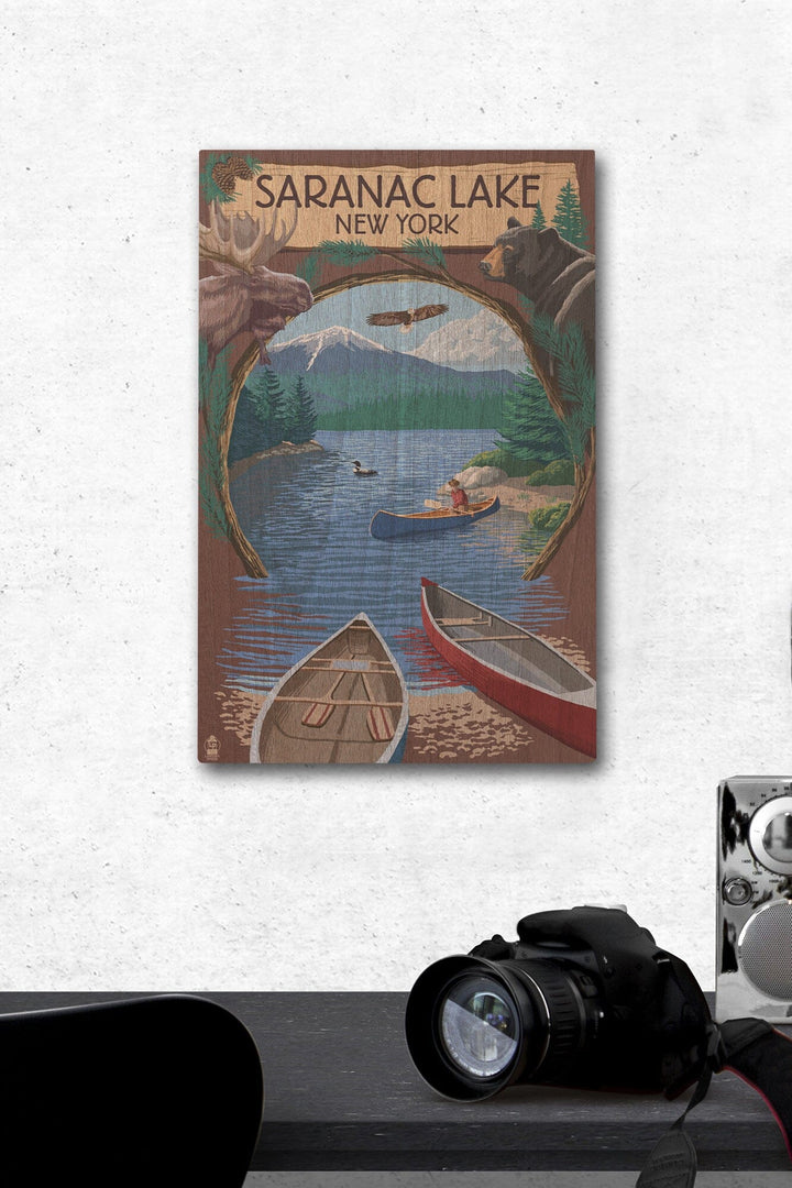 Saranac Lake, New York, Adirondacks Canoe Scene, Lantern Press Artwork, Wood Signs and Postcards Wood Lantern Press 12 x 18 Wood Gallery Print