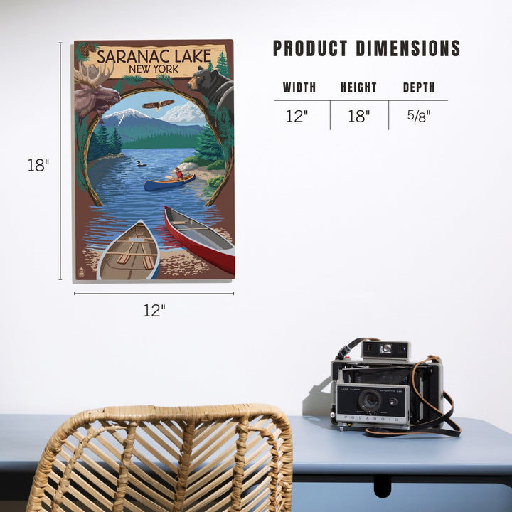 Saranac Lake, New York, Adirondacks Canoe Scene, Lantern Press Artwork, Wood Signs and Postcards Wood Lantern Press