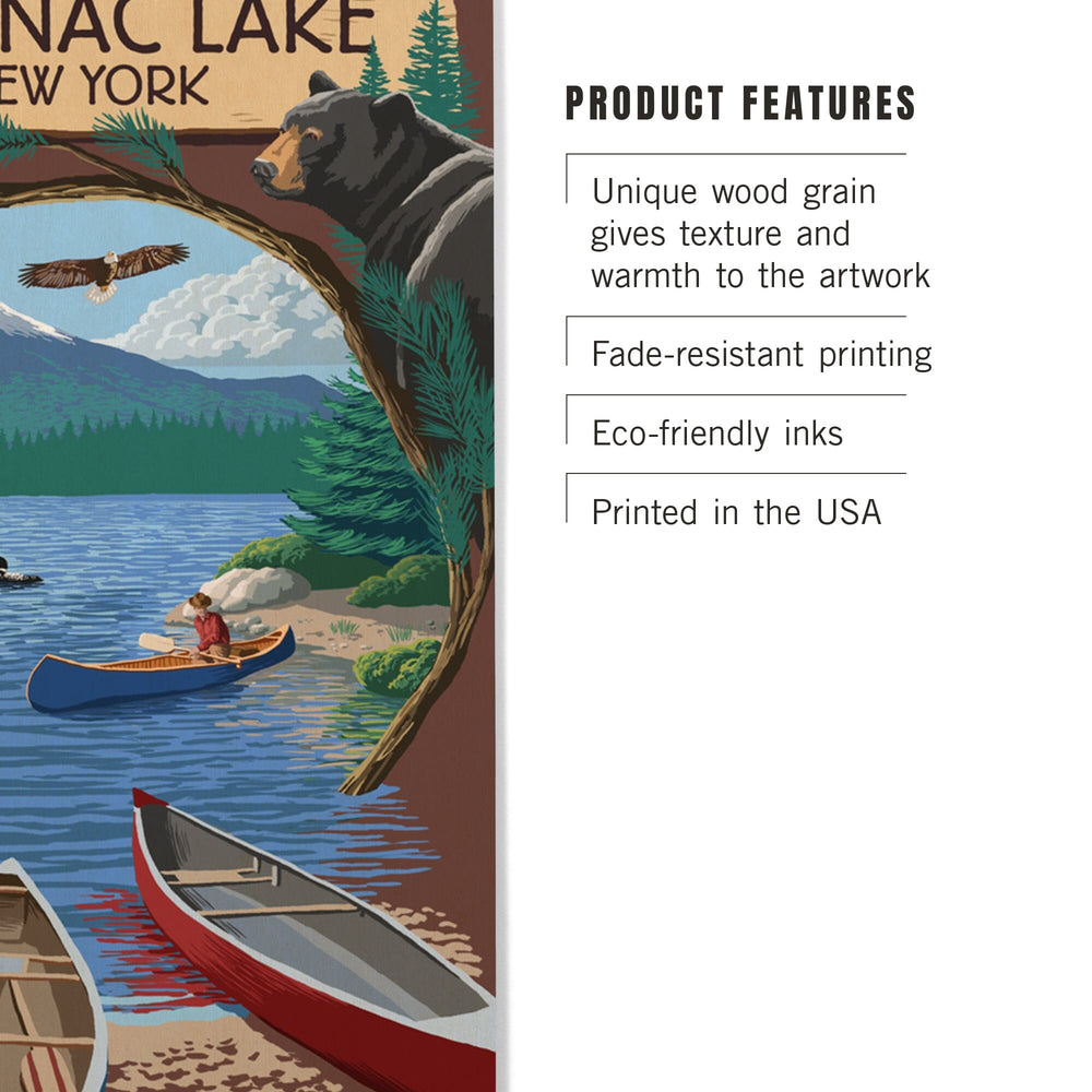 Saranac Lake, New York, Adirondacks Canoe Scene, Lantern Press Artwork, Wood Signs and Postcards Wood Lantern Press
