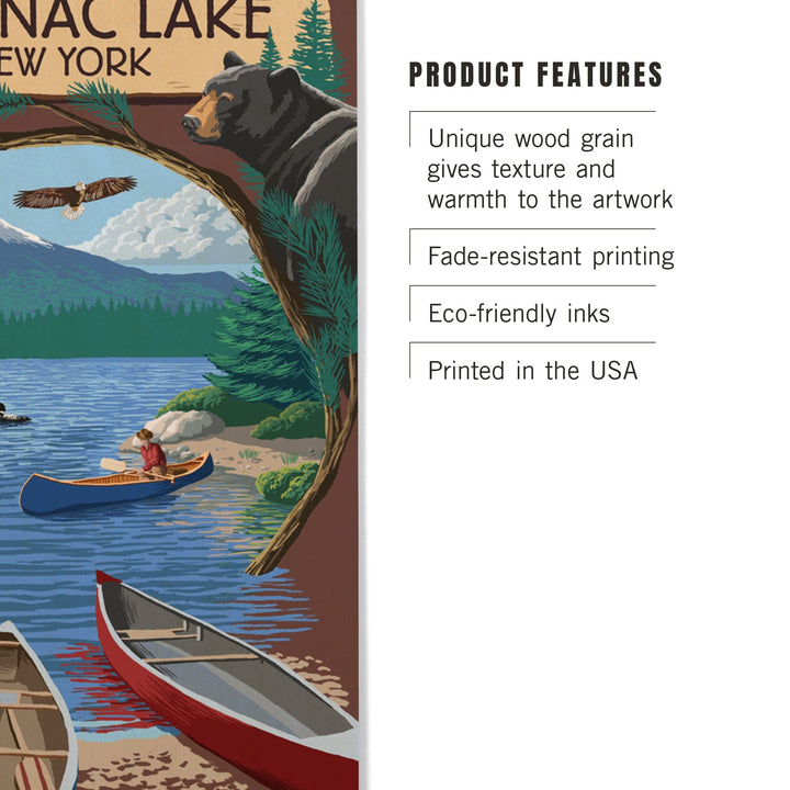 Saranac Lake, New York, Adirondacks Canoe Scene, Lantern Press Artwork, Wood Signs and Postcards Wood Lantern Press