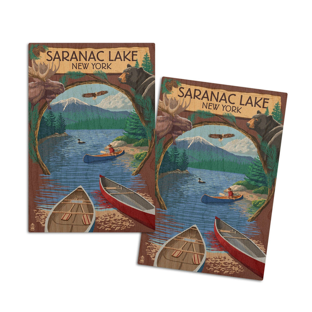 Saranac Lake, New York, Adirondacks Canoe Scene, Lantern Press Artwork, Wood Signs and Postcards Wood Lantern Press 4x6 Wood Postcard Set