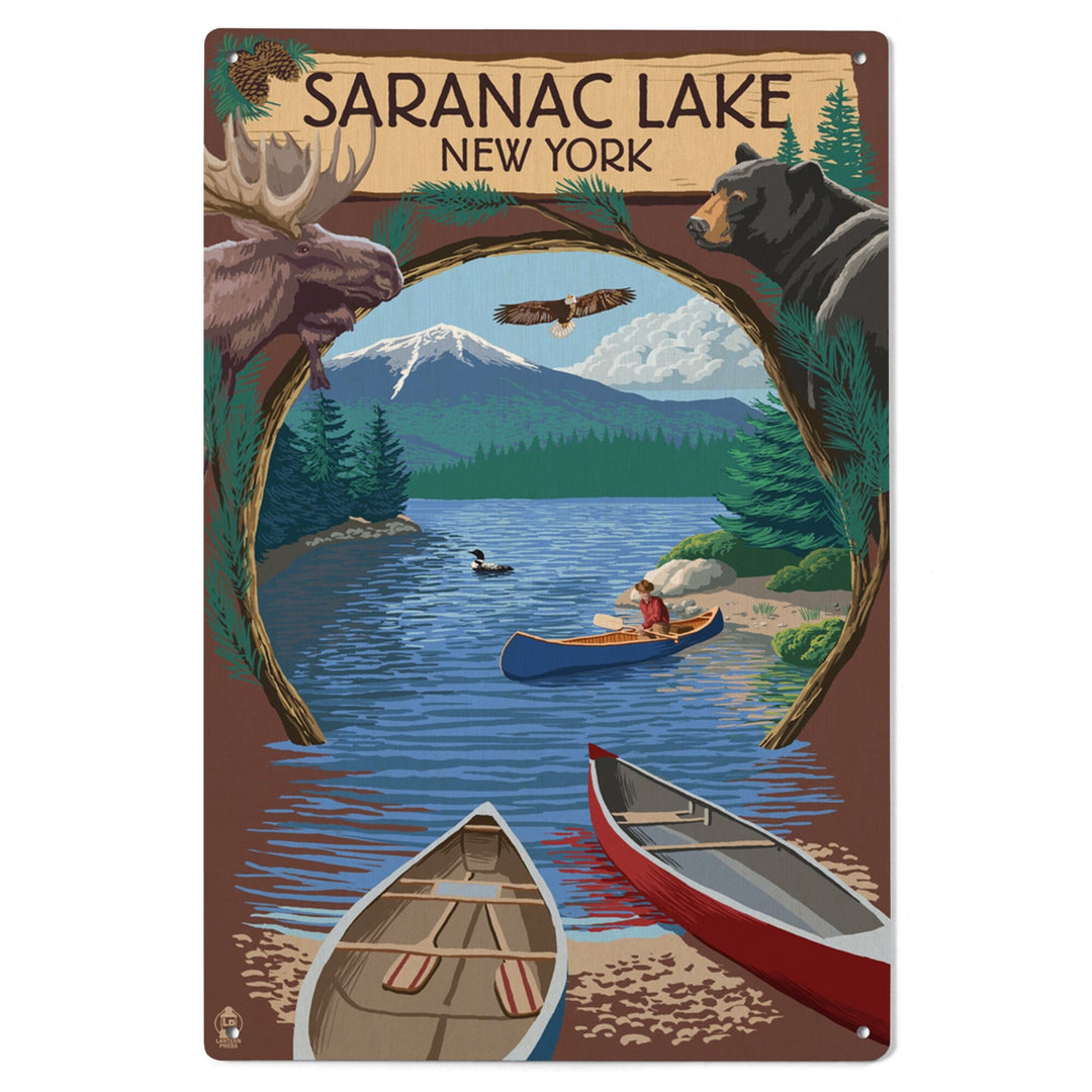Saranac Lake, New York, Adirondacks Canoe Scene, Lantern Press Artwork, Wood Signs and Postcards Wood Lantern Press