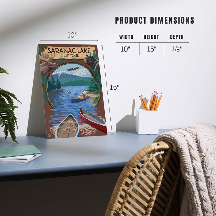 Saranac Lake, New York, Adirondacks Canoe Scene, Lantern Press Artwork, Wood Signs and Postcards Wood Lantern Press