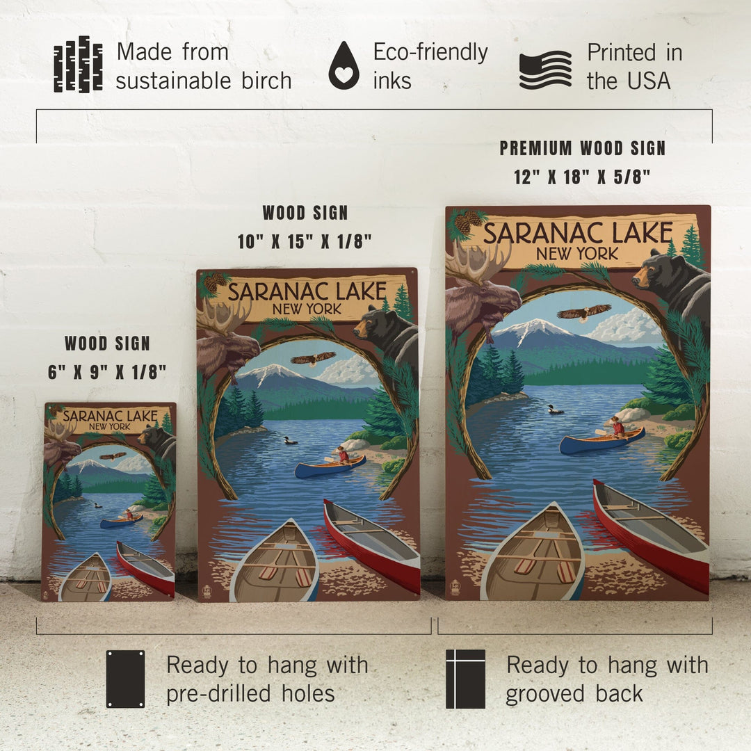 Saranac Lake, New York, Adirondacks Canoe Scene, Lantern Press Artwork, Wood Signs and Postcards Wood Lantern Press