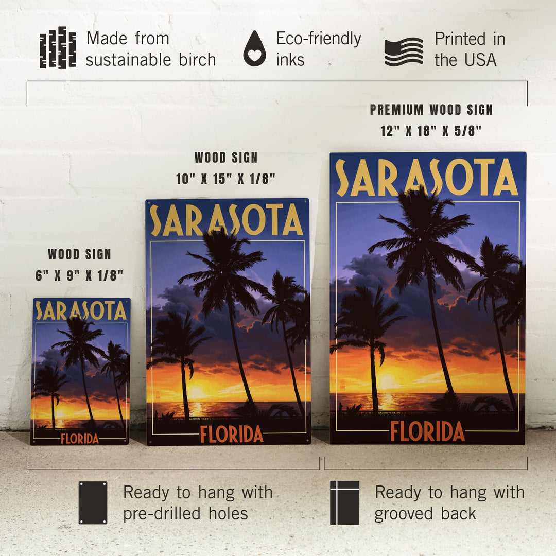 Sarasota, Florida, Palms & Sunset, Lantern Press Artwork, Wood Signs and Postcards Wood Lantern Press