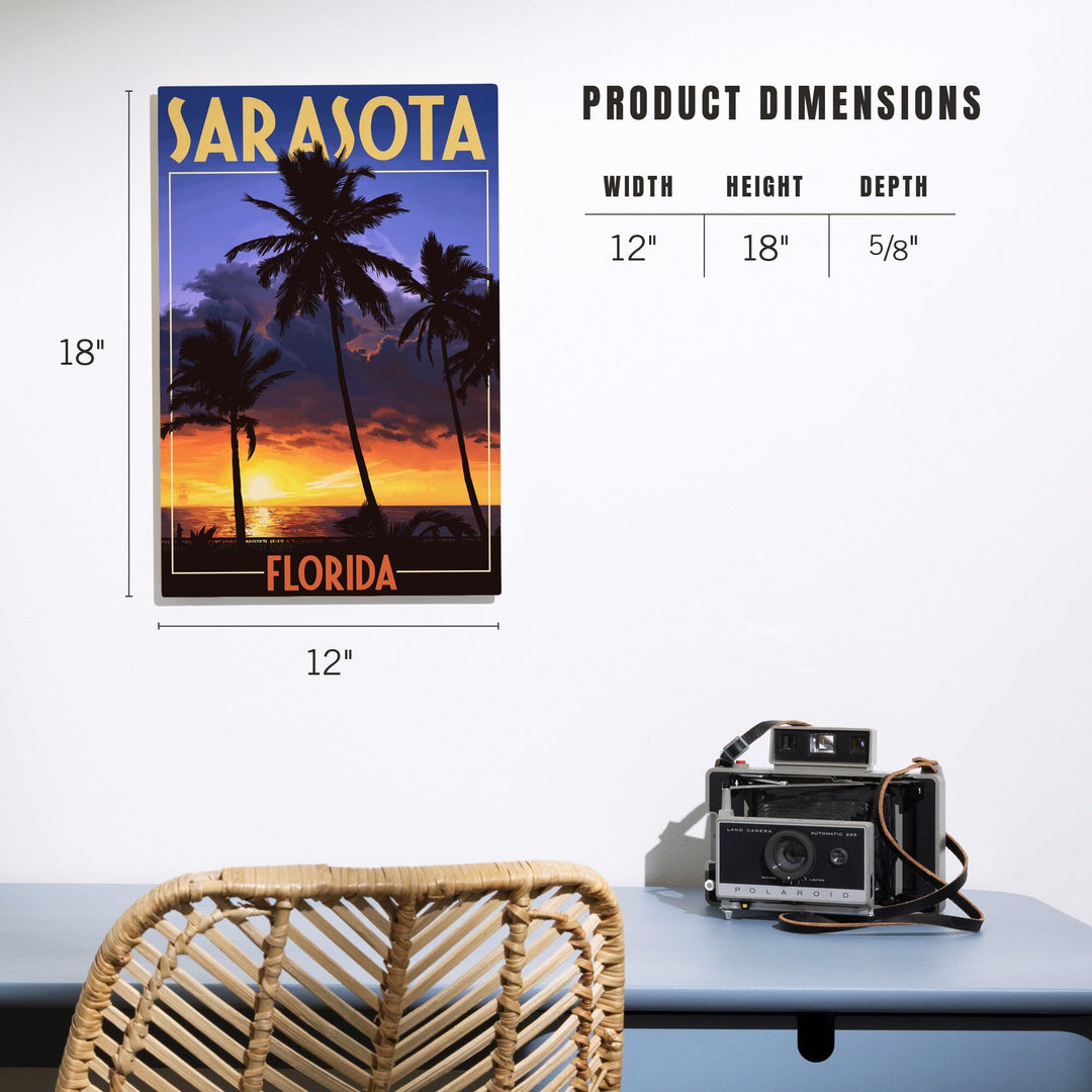 Sarasota, Florida, Palms & Sunset, Lantern Press Artwork, Wood Signs and Postcards Wood Lantern Press